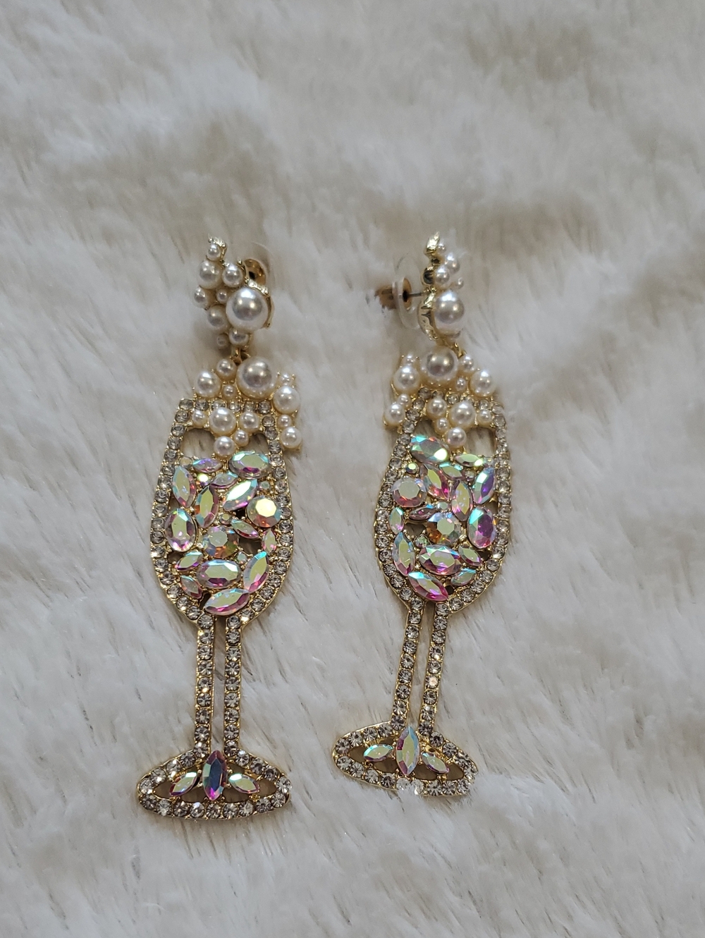 Pearl & Aurora Crystal Champagne Glass Drop Earrings - Gold Tone